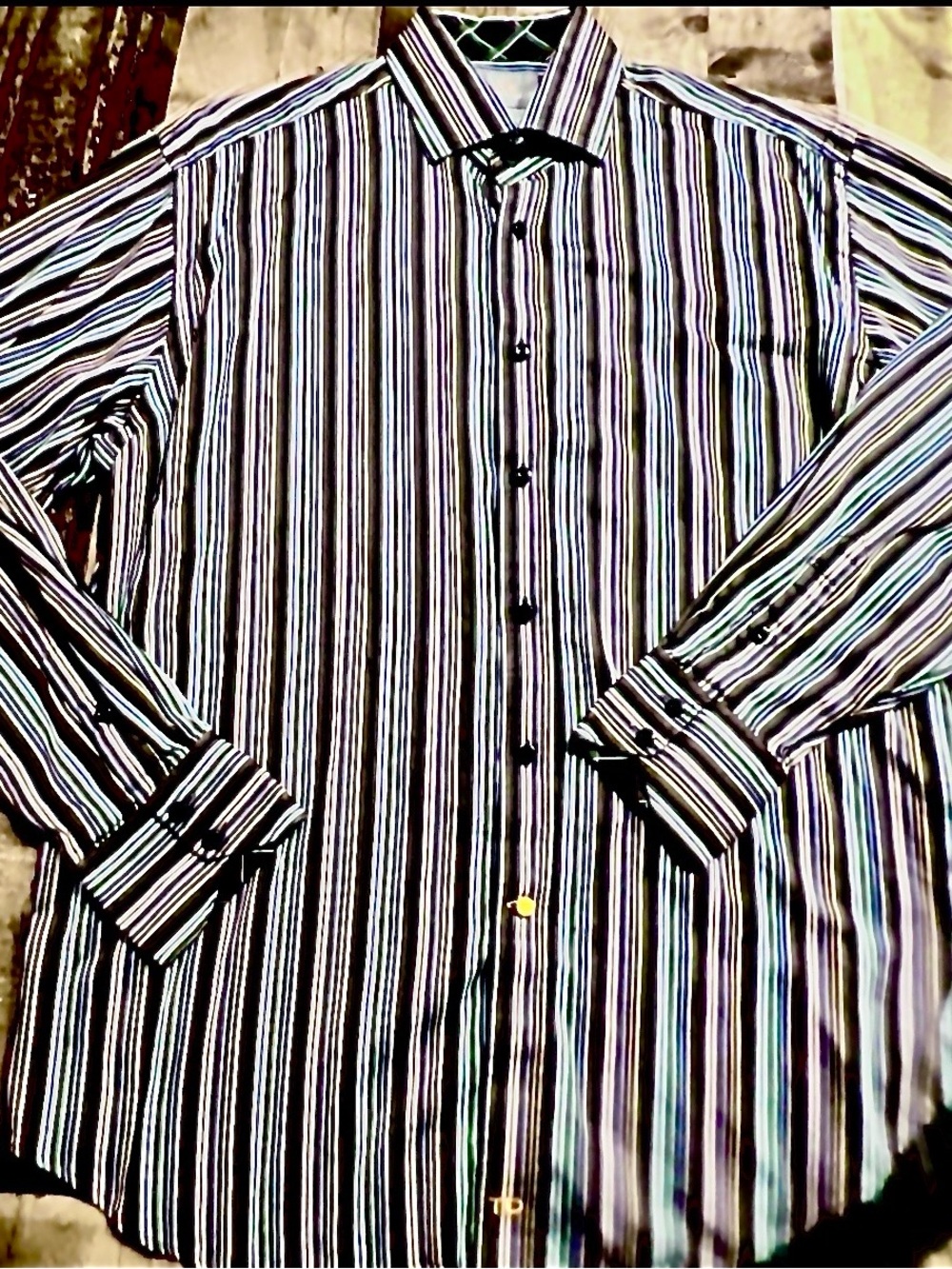 Thomas Dean Black and White Vertical Stripe Dress Shirt